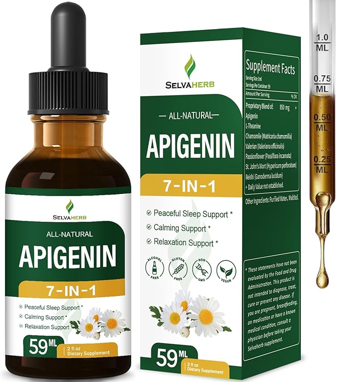 Apigenin Supplements for Sleep, 7-in-1 Formula Drops w/Chamomile Extract & L-Theanine for Calming & Relaxation Support, Fast Apsorption Liquid w/Valerian Root & Passion Flower. 2oz