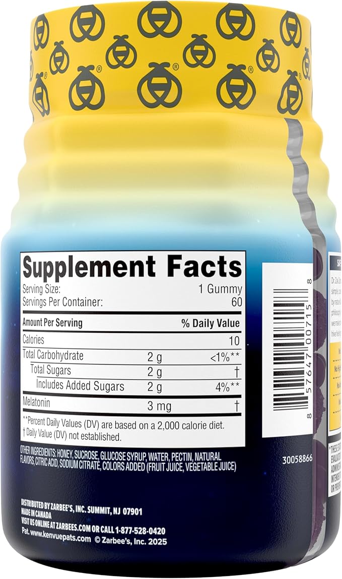 Zarbee's Melatonin Gummies 3mg Sleep Supplement to Promote Peaceful Sleep, Natural Mixed Fruit Flavor, Adults Gummy Age 12 Up, 60 Count
