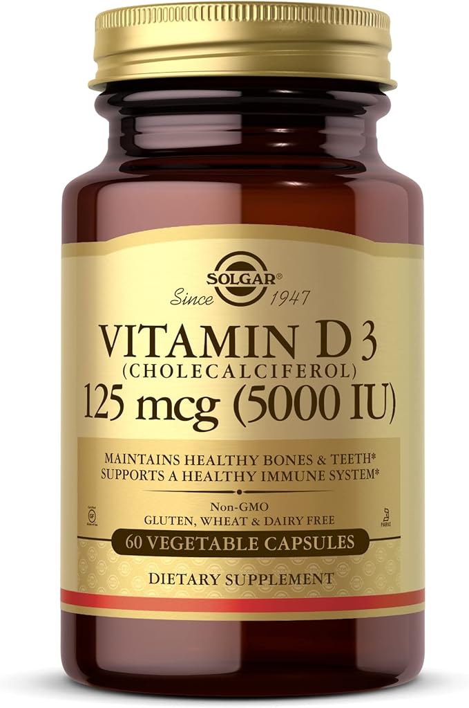 Solgar Vitamin D3 (Cholecalciferol) 125 mcg (5000 IU), 60 Vegetable Capsules - Helps Maintain Healthy Bones & Teeth - Immune System Support - Non-GMO, Gluten Free, Dairy Free - 60 Servings