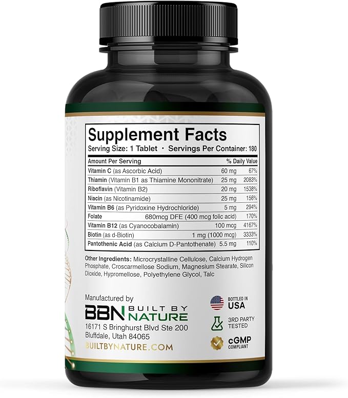 Built by Nature Vitamin B Complex – Super B Complex Vitamins for Women & Men – Energy, Stress & Immune Support – High Potency B Vitamins Complex with B12 – 180 Tablets