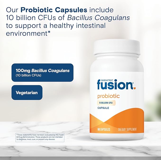 Bariatric Fusion Probiotic Capsule | Easy to Swallow Bariatric Vitamin | 10 Billion CFU | Bacillus Coagulans | Support Digestive & Immune Health | 60 Count