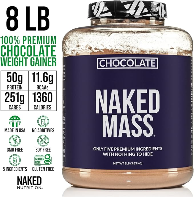 NAKED Chocolate Mass Gainer - All Natural Weight Gainer Protein Powder - 8lb Bulk, GMO Free, Gluten Free & Soy Free. No Artificial Ingredients - 1,360 Calories