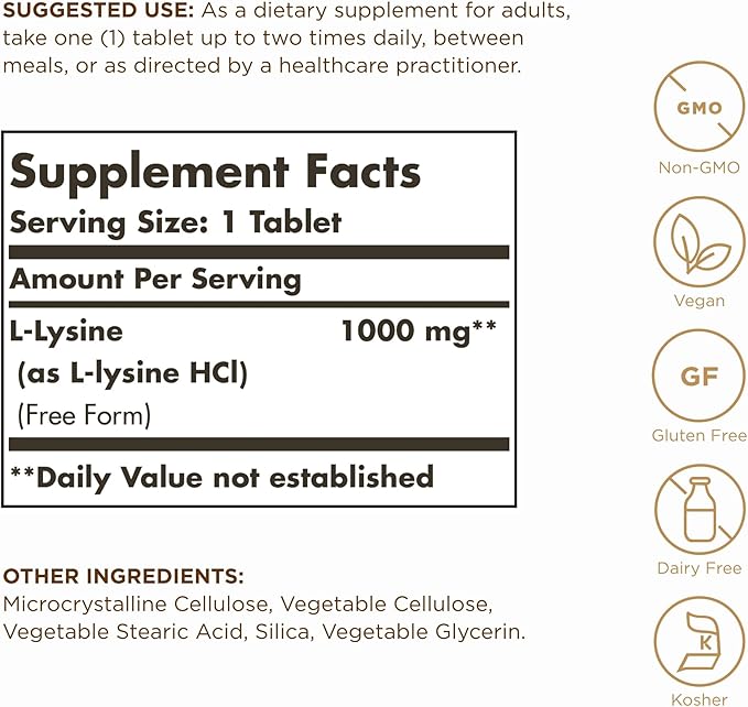 Solgar L-Lysine 1000 mg - 250 Tablets - Skin & Tissue Support - Non-GMO, Vegan, Kosher, Gluten Free - 250 Servings