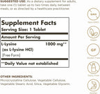 Solgar L-Lysine 1000 mg - 250 Tablets - Skin & Tissue Support - Non-GMO, Vegan, Kosher, Gluten Free - 250 Servings