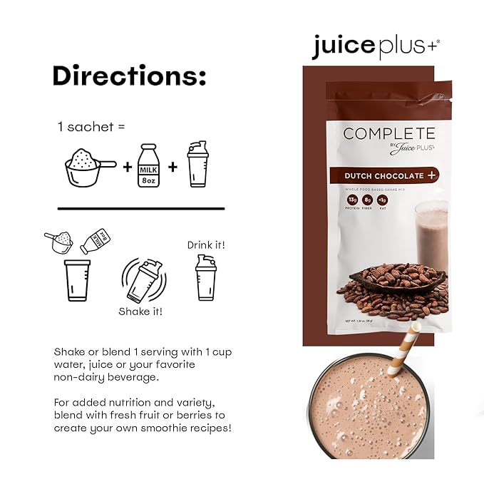 Complete by JuicePlus+ Single Serve Dutch Chocolate Shakes - Plant-Based Nutrition - Vegan, Gluten-Free, Non-GMO, Kosher, Whole Food Based Shake Powder with Protein, Fiber & Prebiotics - 15 Servings