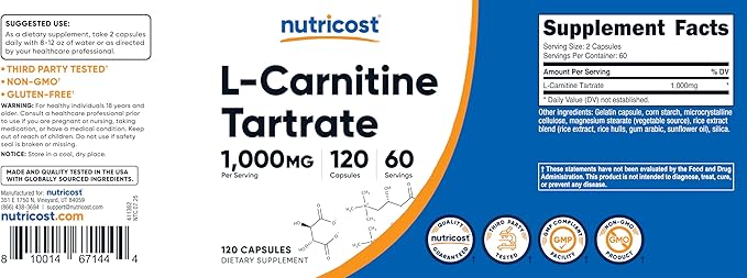 Nutricost L-Carnitine Tartrate 1000mg, 120 Capsules - 500mg Per Capsule (60 Servings)