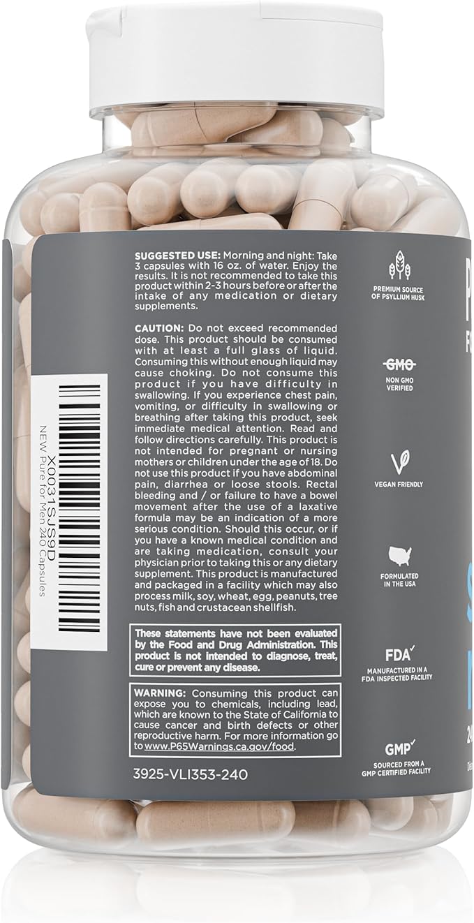 Pure for Men Original Cleanliness Stay Ready Fiber Supplement | Helps Promote Digestive Regularity | Psyllium Husk, Aloe Vera, Chia Seeds, Flaxseeds | Proprietary Formula | 240 Vegan Capsules