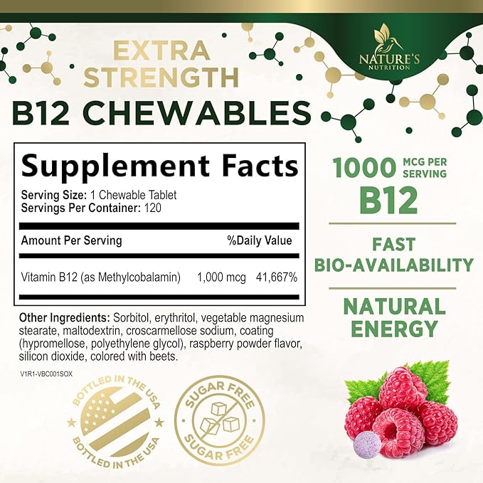 Vitamin B12 - 1000 mcg Per Serving Maximum Strength Methylcobalamin B-12 Chewable Tablet - Energy, Nervous System & Brain Support - Fast Dissolve, Gluten-Free, Non-GMO for Women & Men - 120 Tablets