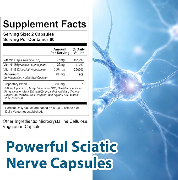 Sciatic Nerve Health Support Supplement - 120 Capsules Advanced Nerve Comfort Formula with R-ALA and Vitamin B Complex - Soothes Leg & Back Discomfort, Supports Nerve Function