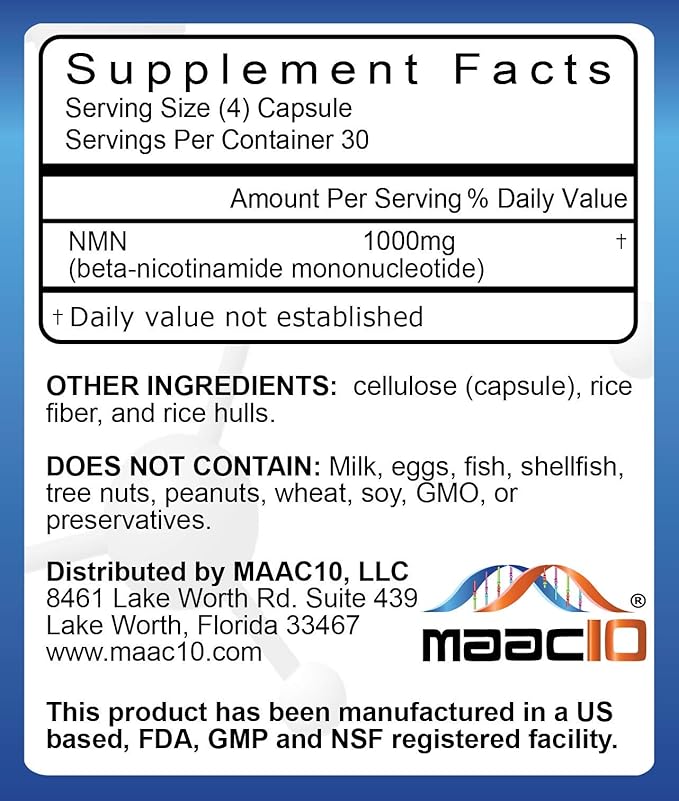 MAAC10 NMN Supplement 1000mg Serving - 99% Pure NMN Nicotinamide Mononucleotide. The Most Powerful NAD Supplement for Optimal Performance (120 Capsules 4 Per Serving).
