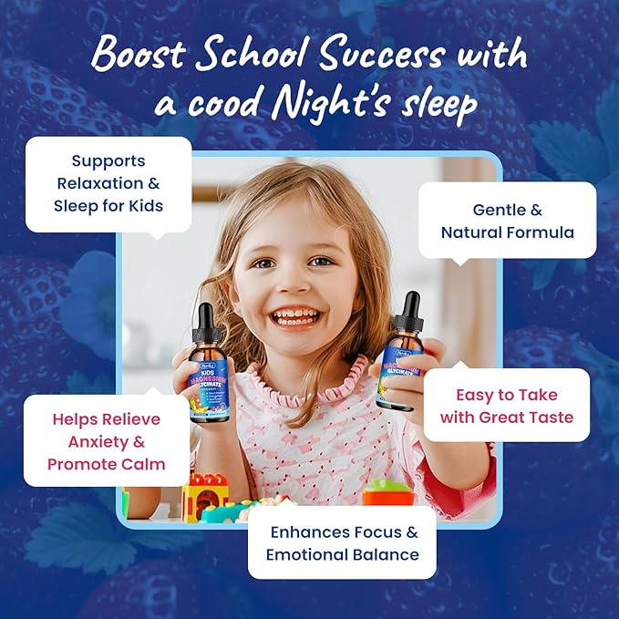 2 Pack Kids Magnesium Liquid Drops - Liquid Magnesium Glycinate Supplement with L-Theanine Omega-3, Vitamin B6, D3, Zinc - Support Sleep, Relaxation, Calm & Focus - Strawberry Flavor