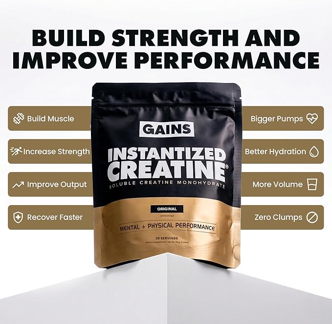 Gains in Bulk Instantized Creatine Monohydrate for Men & Women, Soluble Pre Workout Powder, Supports Muscle Building, Strength and Performance, Bodybuilding Supplements, Unflavored, 100 Servings