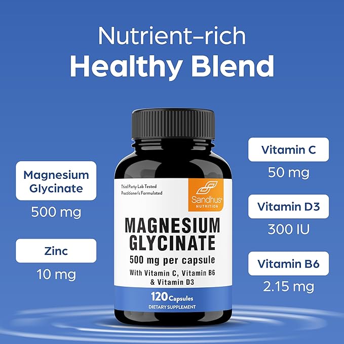 Magnesium Glycinate 500mg High Absorption Capsules with Vitamin C D3 B6 Zinc | Quality Sleep, Relaxation & Muscle Health Supplement for Women and Men | Chelated Magnesium 120 Count | Easy to Swallow