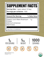 BulkSupplements.com Organic Lions Mane Mushroom Powder - Lions Mane Powder, Mushroom Supplement - Vegan & Gluten Free, 1g per Serving, 1kg (2.2 lbs) (Pack of 1)