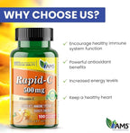 America Medic & Science Rapid-C 500mg Vitamin C Supplement 500 Tablets (5 Pack of 100 Tablets) Daily Immune System Support, Antioxidant | Vegan, Non-GMO Coated Ascorbic Acid for Adult Men & Women