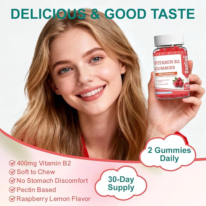 Vitamin B2 Gummies - Riboflavin 400mg Supplement with Magnesium for Adults, B2 Gummies for Migraine Relief* & Nervous System Support* - Vegan, Sugar-Free, Raspberry-Lemon Flavor, 60 Count