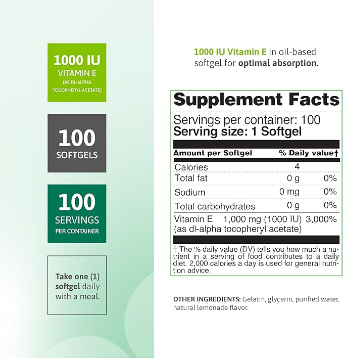Nutra Vitamin E 1000 IU Softgels (as DL-Alpha-tocopheryl Acetate) – Antioxidant Support, Skin & Hair Health, 100 Softgels – Vitamin E Complex Formula
