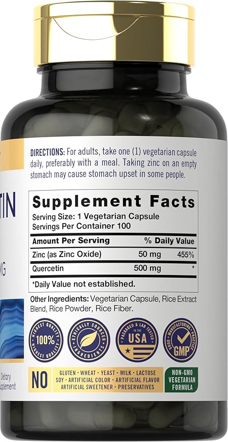 Carlyle Quercetin 500mg Capsules | with 50mg Zinc | 100 Count | Non-GMO and Gluten Free Supplement