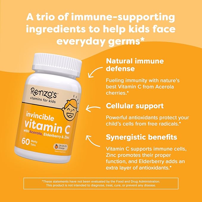 Renzo's Invincible Kids Vitamin C with Elderberry Vitamin C and Zinc, Dissolvable Kids Vitamins for Immune Support, Sugar-Free Melty Tabs, Orange Flavor, 60-Count (1-2 Month Supply)
