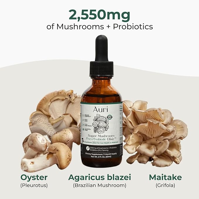 Auri Nutrition Super Mushroom Pre+Probiotic Elixir – 3-in-1 Gut Health Supplement w/7 Probiotic Strains, Prebiotic Mushrooms & Postbiotic Support – Vegan, Non-GMO, Shelf Stable – 30 Servings