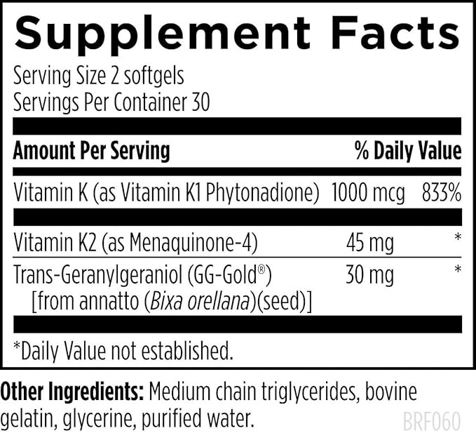 Designs for Health BRF 45 - Vitamin K1 + Vitamin K2 as MK-4 to Promote Bone Strength, Healthy Aging + Arterial Health - 2 Forms of Vitamin K + GG to Aid Vitamin K2 MK4 Production (60 Softgels)