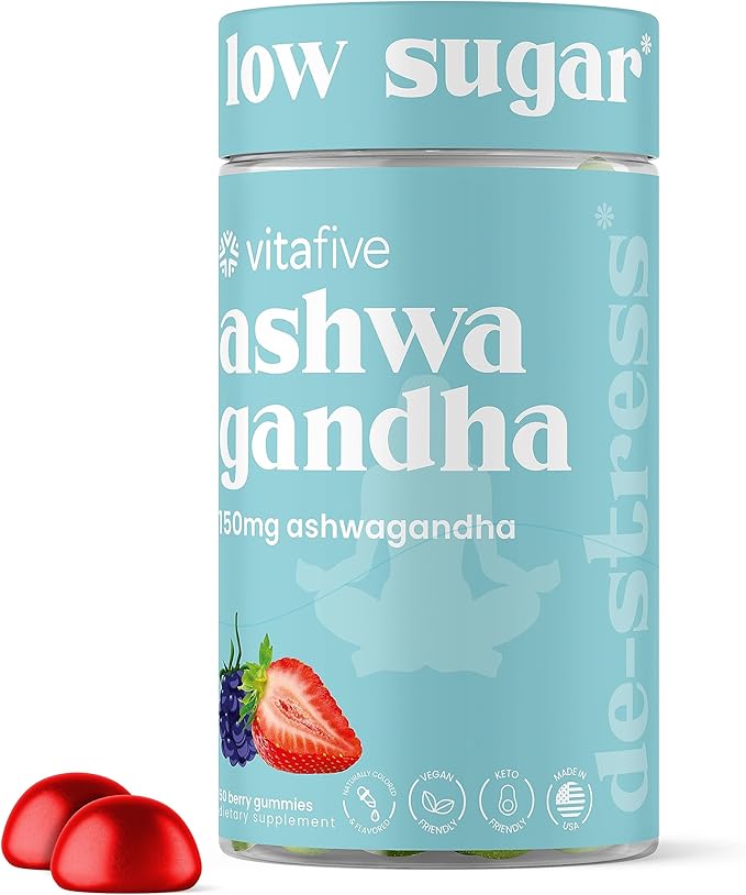 vitafive Ashwagandha Gummies with Vitamin B12, Ashwagandha Gummies for Men and Women, Vegan, Gluten Free (50 Ct)