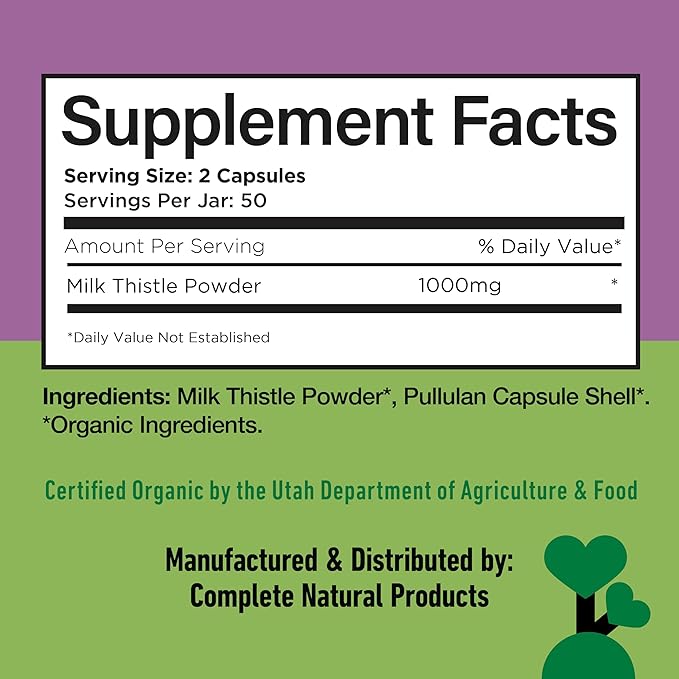 Complete Natural Products Pure Organic Milk Thistle Capsules - 500 mg Silymarin Powder 100 Pills