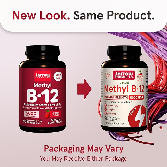 Jarrow Formulas Maximum Strength Methyl B-12 5000 mcg Dietary Supplement - 90 Cherry Chewable Tablets - Bioactive Vitamin B-12 - Supports Cellular Energy Production, Sleep & Brain Health (Pack of 12)