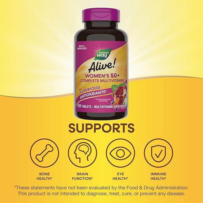 Nature's Way Alive! Women's 50+ Complete Multivitamins, Supports Healthy Heart, Brain, Bones*, Superfood Antioxidants, B-Vitamins, Gluten Free, 130 Tablets (Packaging May Vary),(Pack of 2)