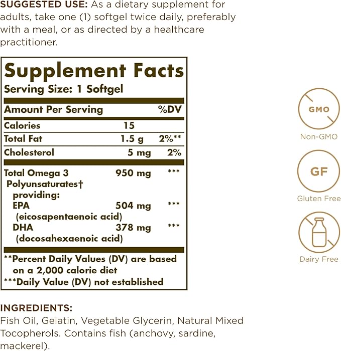 Solgar Triple Strength Omega 3 950 mg - 100 Softgels, Pack of 4 - Supports Joint & Skin Health - Non-GMO, Gluten Free, Dairy Free - 400 Total Servings
