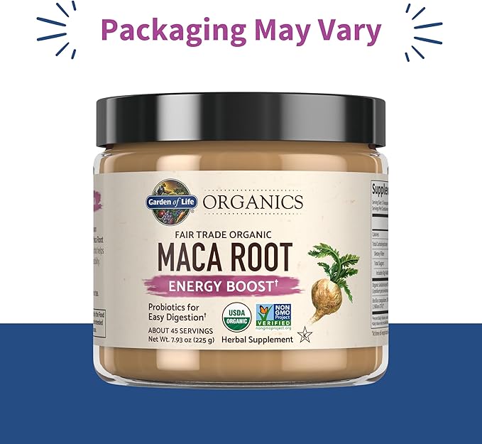 Garden of Life Organics Fair Trade Gelatinized Peruvian Maca Root Energy Boost 7.93 oz (225g) Powder with Probiotics, Certified Organic, Non-GMO, Vegan & Gluten Free Herbal Supplements