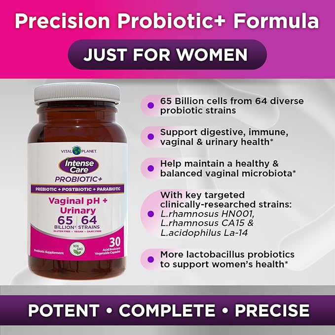 Vital Planet - Intense Care Vaginal pH & Urinary Probiotics, Prebiotics, Postbiotics, Parabiotics, 4-in-1 Refrigerated Supplement for Adults, 65 Billion CFU, 64 Strains, Digestive and Immune, 30 ct