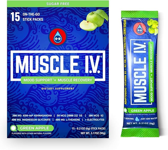 Muscle I.V.® Mood Support, Recovery, Cortisol Reducer Supplement, Vitamin D3 K2, Magnesium Glycinate, L-Theanine, KSM-66® Ashwagandha, Electrolytes Powder Packets, Sugar Free. 15 Ct, Green Apple