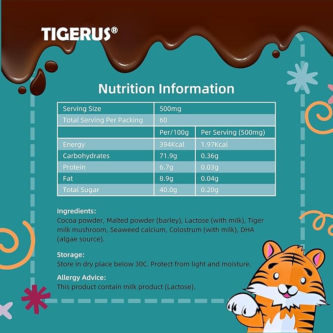 TIGGY Cocoa Chewable Tablets with Tiger Milk Mushroom – Delicious, Convenient and Nutritious Cocoa-Based Supplement for Energy, Wellness, and Overall Health – 60 Tablets, Kids & Adults
