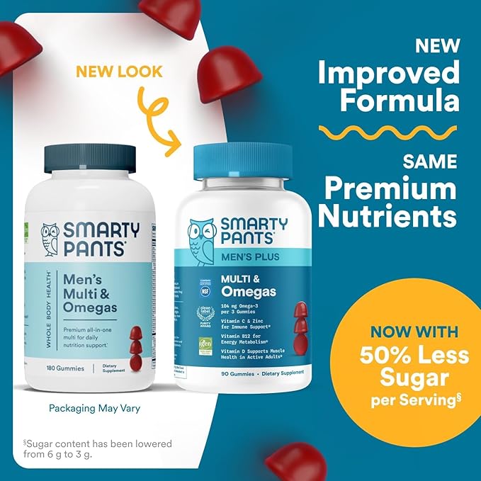 SmartyPants Men’s Multivitamin Gummies with Omega 3 DHA/EPA, Methylfolate, Vitamin D3, C, B12, B6, A, K, Zinc, Raspberry Lemonade Flavor, 90 Count (30 Day Supply)