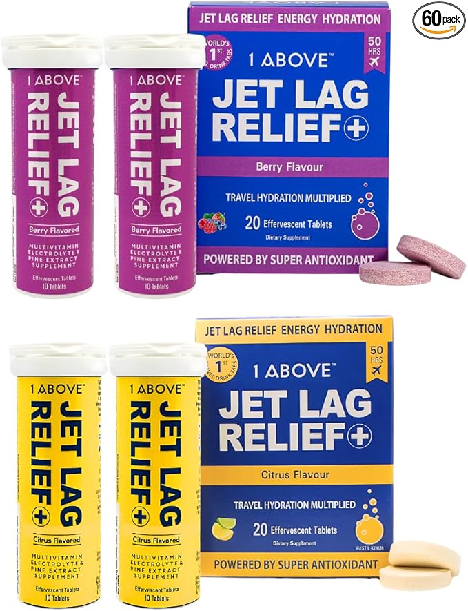 1ABOVE Jet Lag Relief Effervescent Multivitamin with Pycnogenol Travel Supplement for Hydration, Energy, Immune Support and Faster Recovery - Flight Essential - Citrus 20 Count and Berry 20 Count