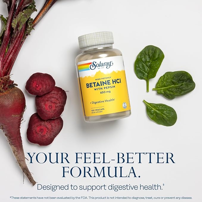 Solaray High Potency Betaine HCL with Pepsin - Hydrochloric Acid Supplement for Digestive Health - with Betaine Hydrochloride and Digestive Enzymes - Gut Health Support - 60-Day Guarantee, 100 VegCaps