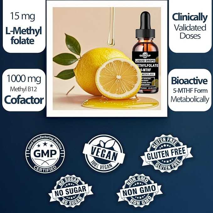Methylfolate 15mg with Methyl B12 Liquid Drops | Active 5-MTHF Folate & B Complex Vitamins (B2 Riboflavin & B6) | Lemon Flavor Sublingual丨MTHFR Support Supplement for Methylation Mood & Energy–2 fl oz
