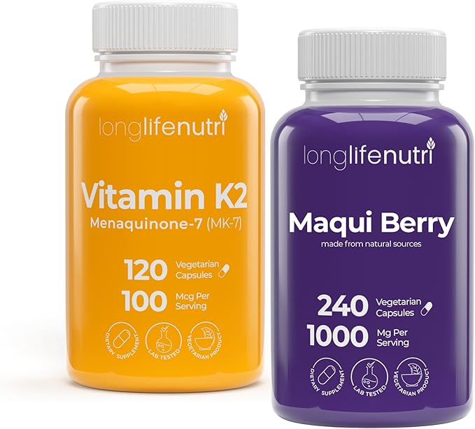 LongLifeNutri Vitamin K2 MK-7 100 mcg & Maqui Berry 1000 mg Bundle – 120 Veg Capsules + 240 Veg Capsules, 4-Month Supply, Bone, Circulation & Antioxidant Support, Lab Tested, Non-GMO, Made in USA