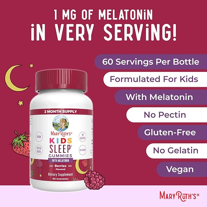 MARYRUTH'S Melatonin Gummies for Kids | 2 Month Supply | Sleep Gummy for Kids Ages 4+ | Melatonin 1 mg | Relaxation & Sleep Support | Vegan | Gluten Free | 60 Count