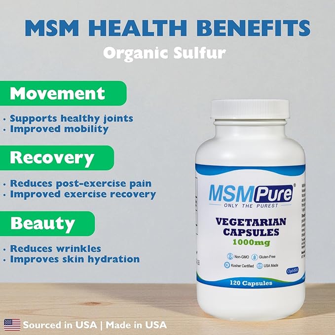 KALA HEALTH MSMPure MSM Vegetarian Capsules – 1,000 mg US-Sourced MSM per Capsule for Joint Health, Skin Appearance, Hair & Nail Support – 120 Count, Organic Sulfur