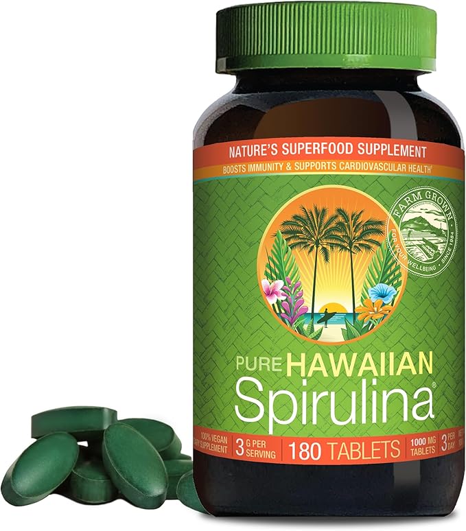 Nutrex Hawaii, Pure Hawaiian Spirulina - 1000 mg Tablets - Hawaiian Grown Natural, Nutrient Rich Superfood - Immune Support, Detox & Energy – Vegan Complete Protein, Non-GMO, Original, 180 Count