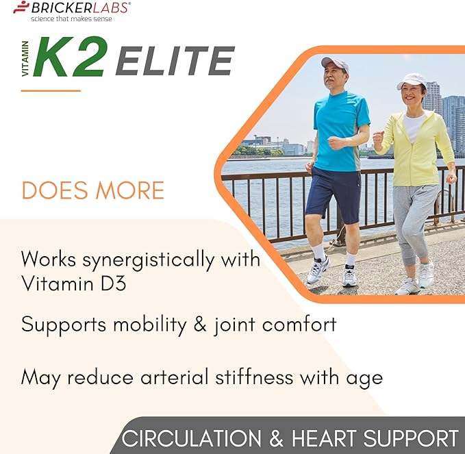 Bricker Labs K2 Elite Vitamin K2 MK-7 Supplement 160mcg, Supports Bone & Heart Health, Calcium Absorption & Circulation – Non-GMO – 60 Capsules