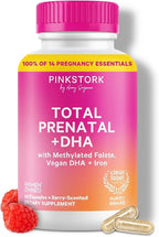 Pink Stork Total Prenatal Vitamins with DHA, Folate, Iron, Choline, and Vitamin B12 - Prenatals for Women to Support Fetal Development, Pregnancy Essentials, Berry Essence, 60 Capsules, 1 Month Supply