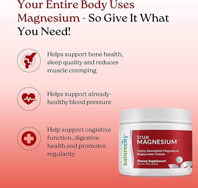 NatureCity TrueMagnesium Highly Absorbable Chelated Magnesium Bisglycinate Powder Drink Mix (60 Servings) - Magnesium Supplement for Sleep and to Support Bone Health & Muscles