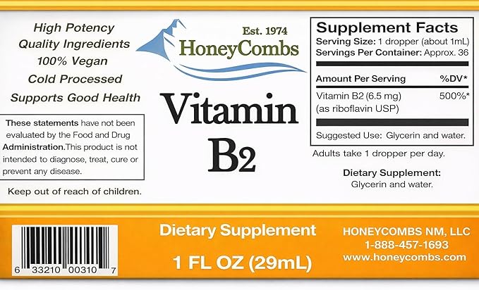 Honeycombs Riboflavin Vitamin B2 Liquid Drops 500 Percent DV, b2 made in USA Alcohol Free B2 Vitamins Supplement, Fast Absorbing Riboflavin Alternative to Capsules for Adult Daily Use