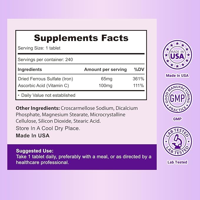 Heivy Ferrous Sulfate 325mg with Vitamin C (65 mg Elemental Iron), Non-Constipating 240 Vegan Tablets (8 Month Supply) Iron Supplement for Women - Non-GMO, Vegan - Made in USA