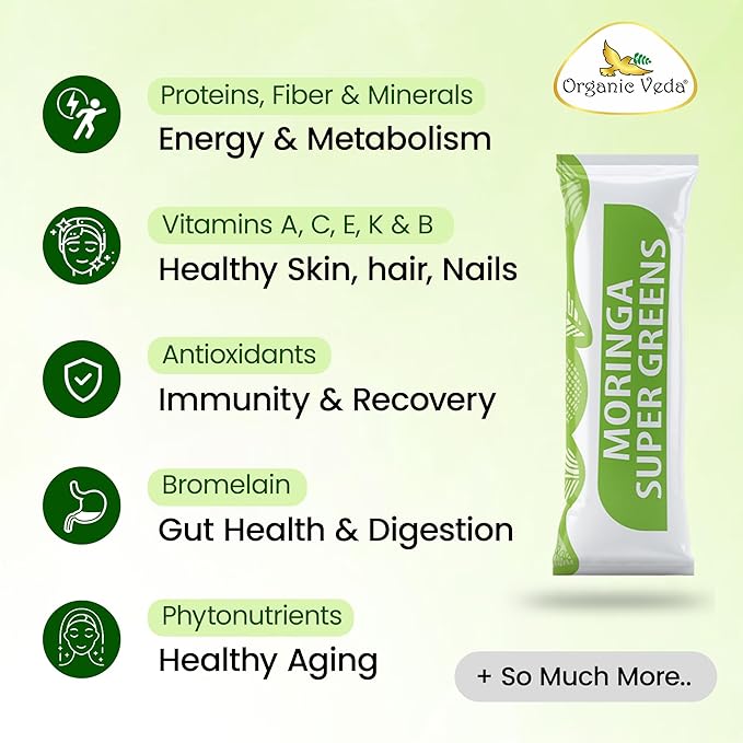 Organic Veda Moringa Super Greens, 30 Sticks Drink Mix Powder - 20 X Concentrated Moringa Leaf Powder Extract with Amla, Pineapple, Antioxidant Superfoods for Energy & Metabolism - Tea & Smoothie Mix