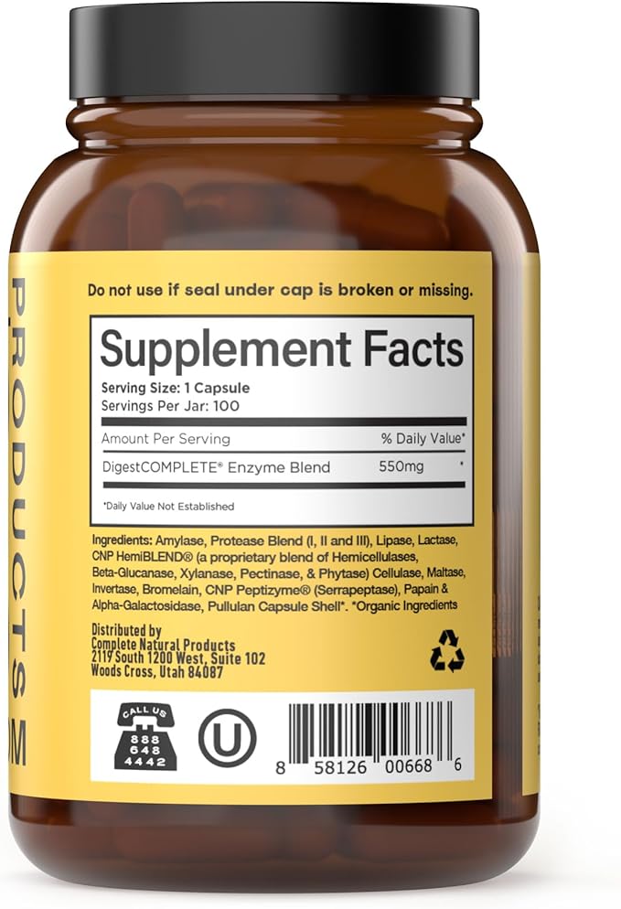 Complete Natural Products Digestive Enzyme Capsules, 550mg, 100ct | Plant-Based Formula, Organic Capsule Shell, Supports Digestive Balance & Nutrient Absorption