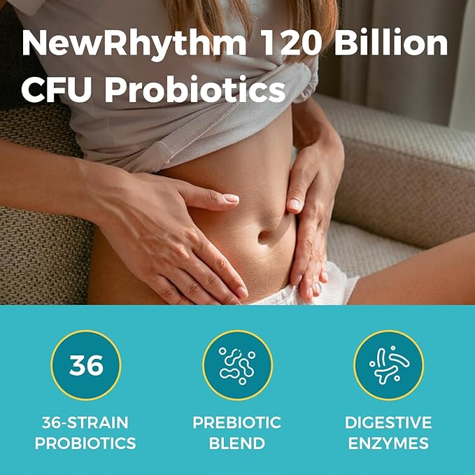 NewRhythm Probiotics 120 Billion CFU 36 Strains, 3-in-1 Probiotics with Prebiotics & Enzymes, Probioticos for Women & Men, Vegan Targeted Release Supplement, 30ct